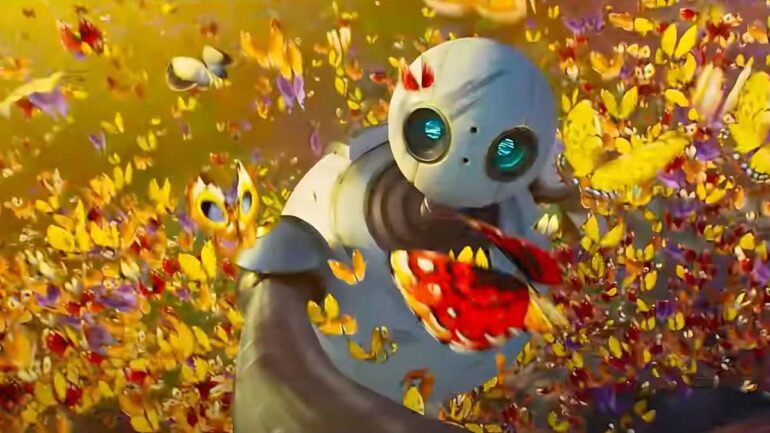 gambar adegan robot roz dari salah satu film kartun terbaru di tahun 2024 yang berjudul the wild robot