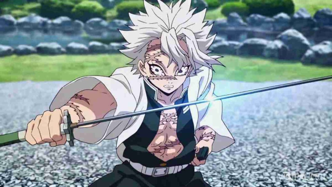 Sanemi shinazugawa dari demon slayer: kimetsu no yaiba memegang pedang nichirin