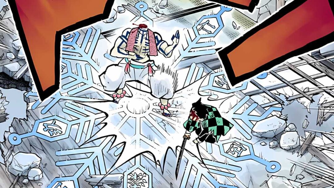 gambar akaza memakai teknik jarum kompas walau sudah dipenggal, dari manga demon slayer