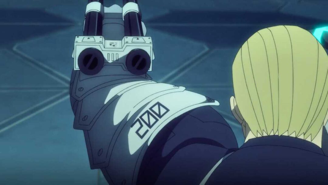 gambar isao shinomiya pakai senjata bernomor 002 di anime kaiju no 8