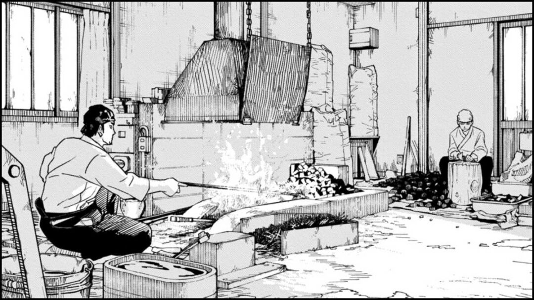 gambar kunishige membuat katana di manga kagurabachi